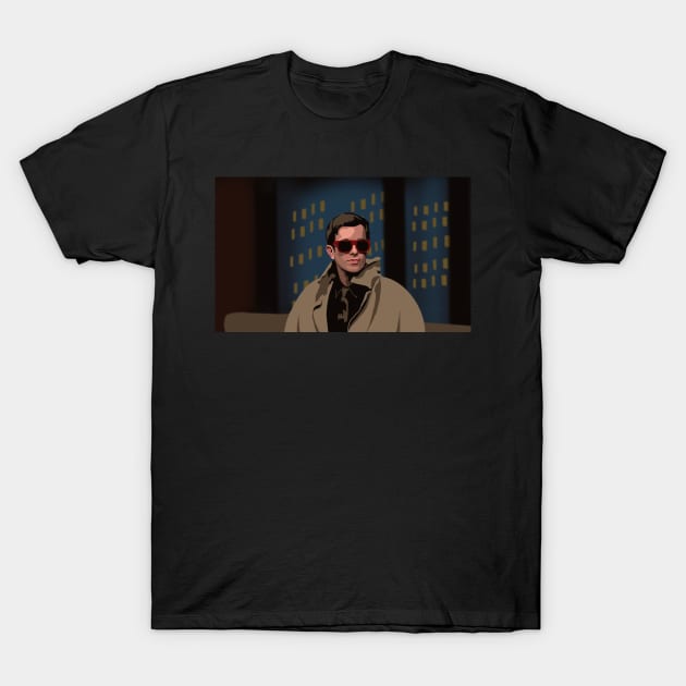 John Mulaney on Seth Meyers in Trench Coat Sunglasses T-Shirt by fionatgray